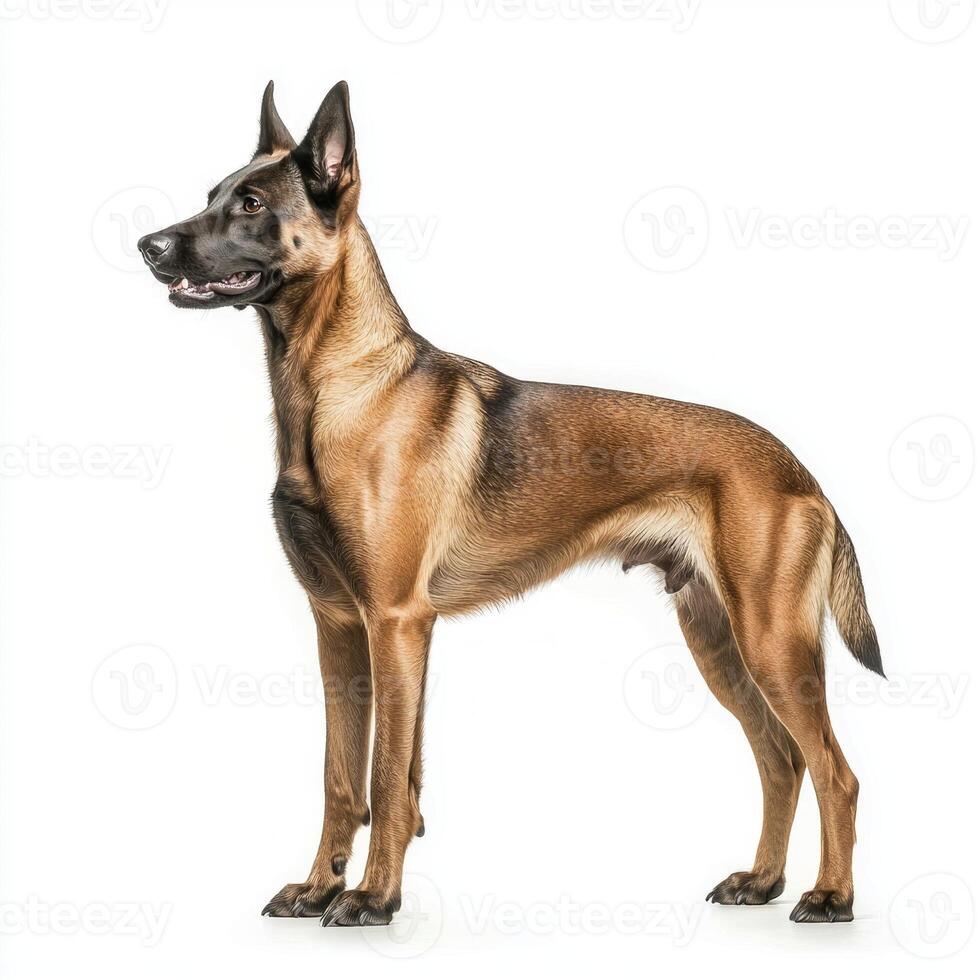 Belgian Malinois exudes confidence and strength, standing tall with its alert expression and sleek, muscular physique. isolated on white background. photo