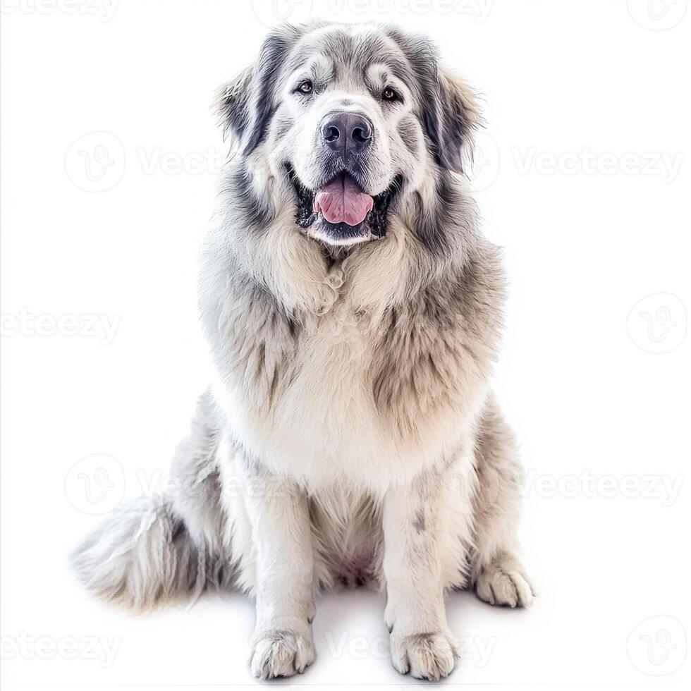 charming Pyrenean Mastiff sits proudly, its thick, fluffy coat gleaming in soft light. With a gentle expression, it epitomizes loyalty and strength, captivating all who gaze upon it. photo