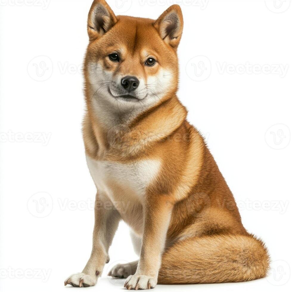 adorable Shiba Inu sits proudly, showcasing its unique fox-like face and curled tail, exuding confidence and charm in a minimalist setting. photo