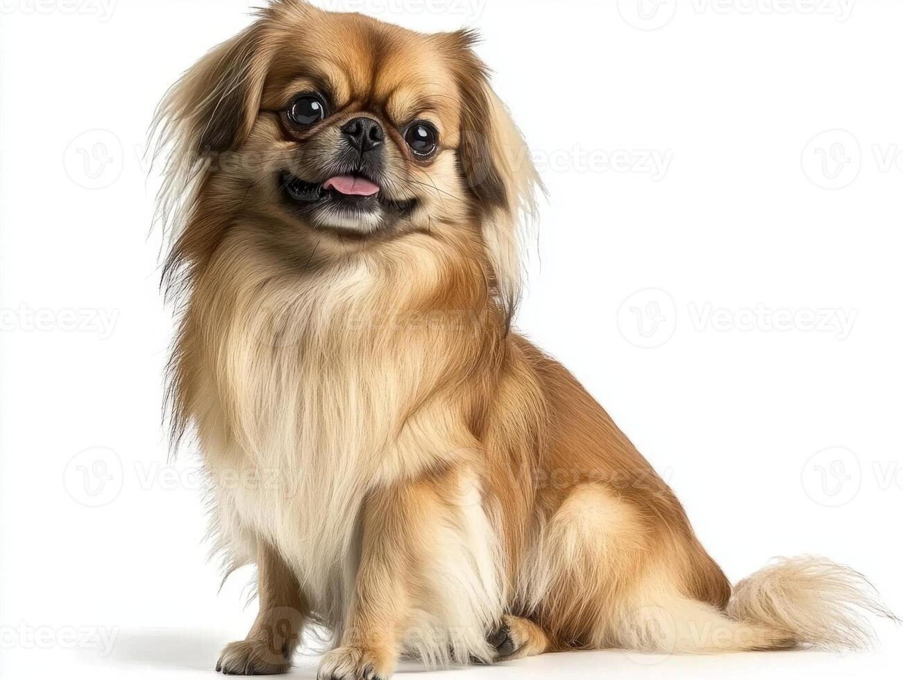 charming Pekingese with a luxurious, flowing coat sits proudly against a pristine white backdrop, radiating confidence and sophistication in its demeanor. photo