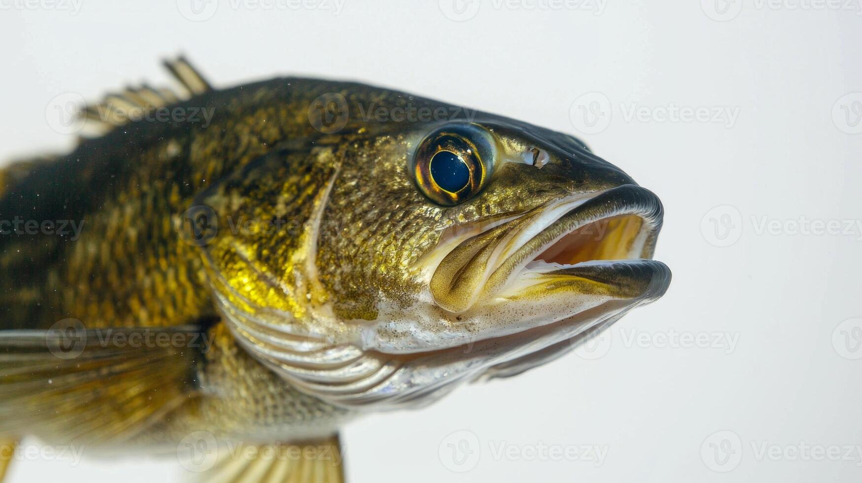 close up view highlights the unique anatomy and vibrant coloration of the Micropterus salmoides commonly known as bass. This species is exhibited in detail emphasizing its allure. photo
