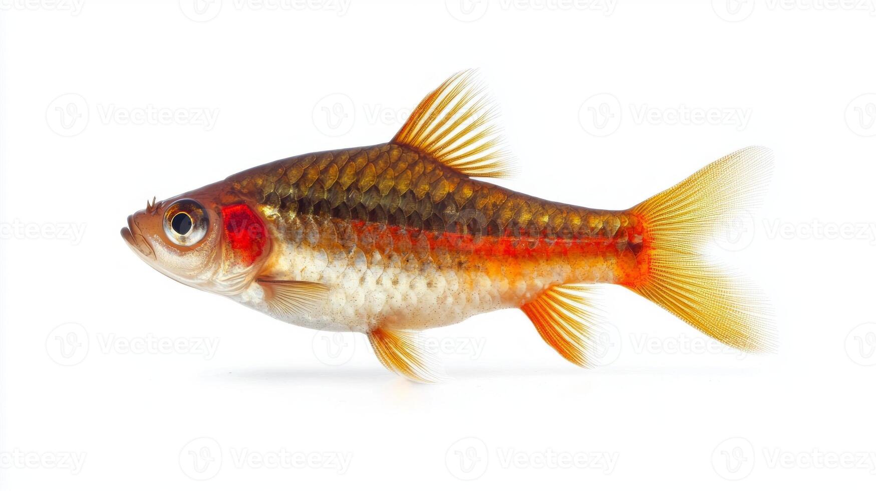 Denison Barb known for its vibrant colors is displayed against a white backdrop highlighting its physical characteristics and unique beauty for study purposes. photo