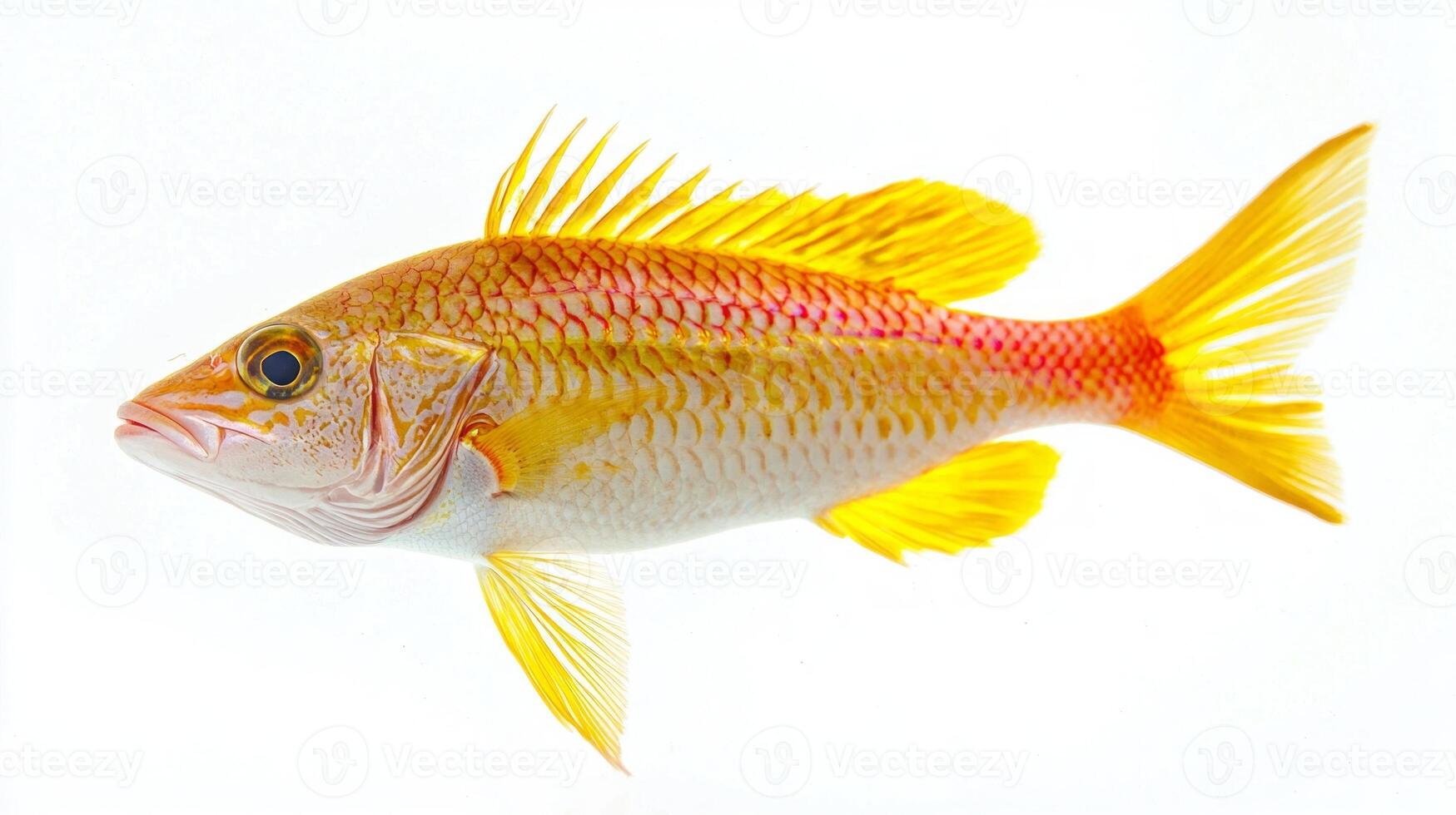 Goatfish from the Mullidae family displays its bright yellow and pink coloration. The species is known for its unique appearance and habitat in coastal waters. photo