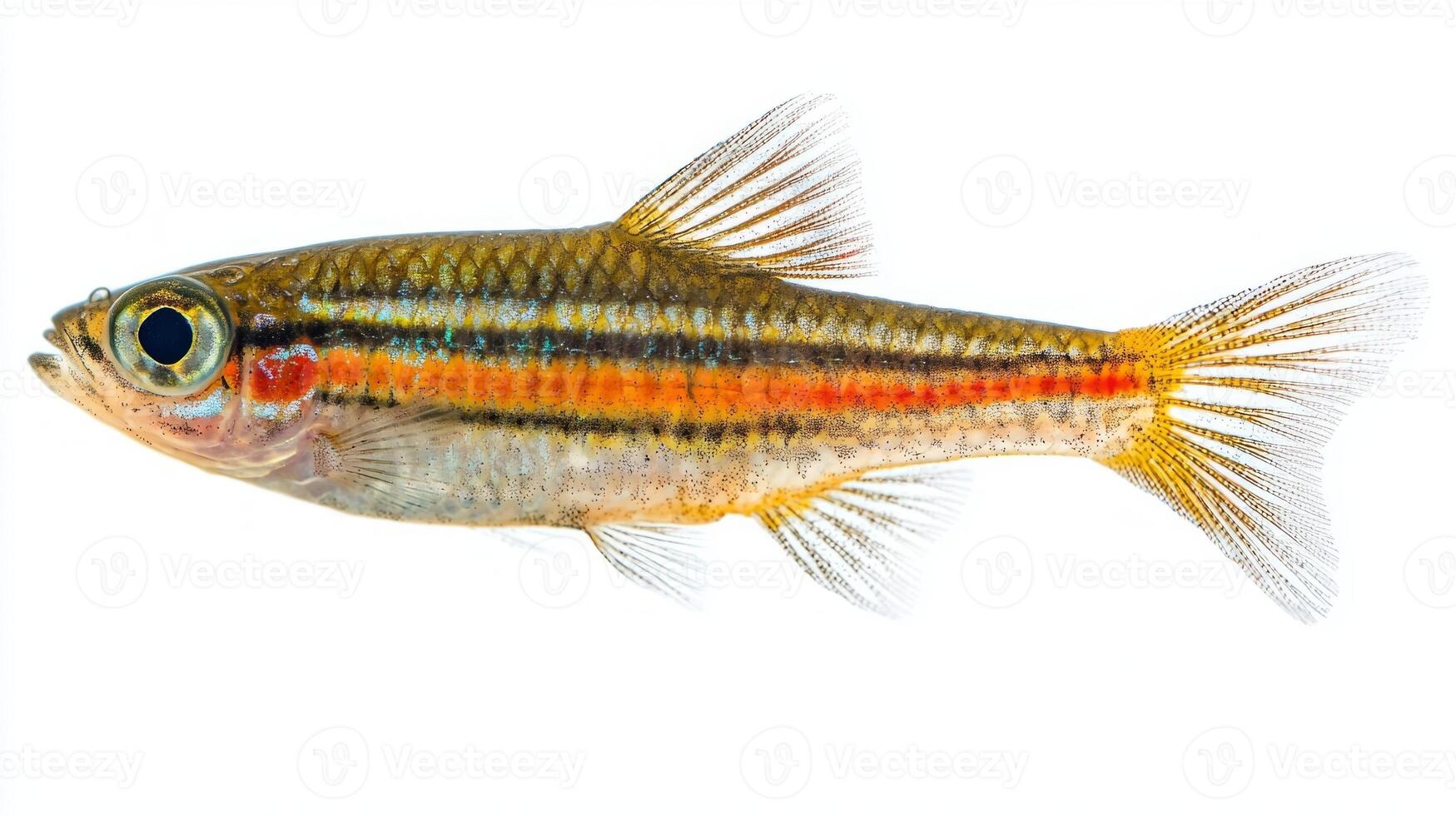 Giant Danio swims gracefully displaying its striking colors and intricate fin structures. The fish is isolated against a white background highlighting its beauty. photo