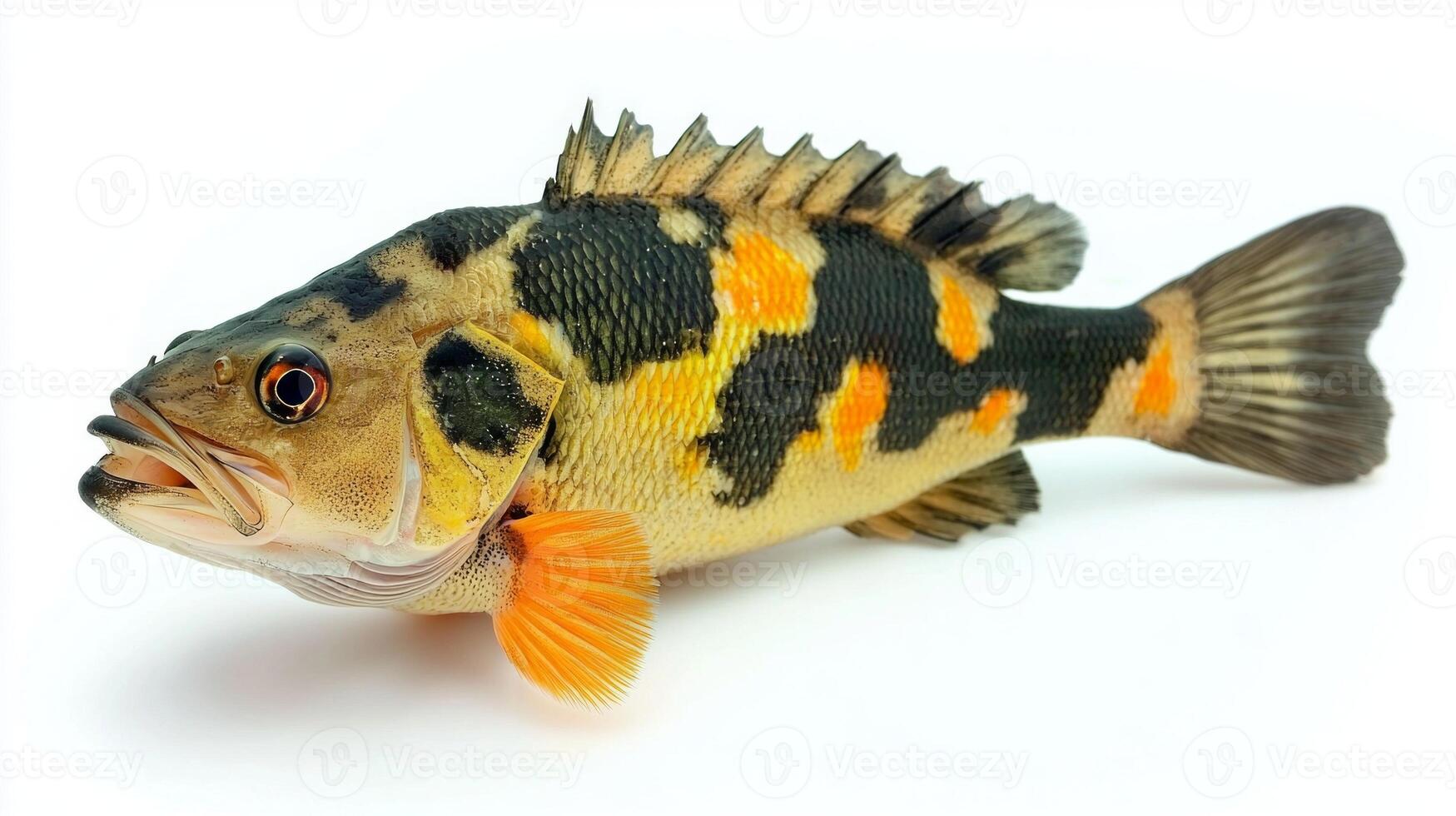 vibrant Peacock Bass Cichla ocellaris is displayed against a white backdrop highlighting its distinctive colors and patterns emphasizing its beauty and characteristics. photo