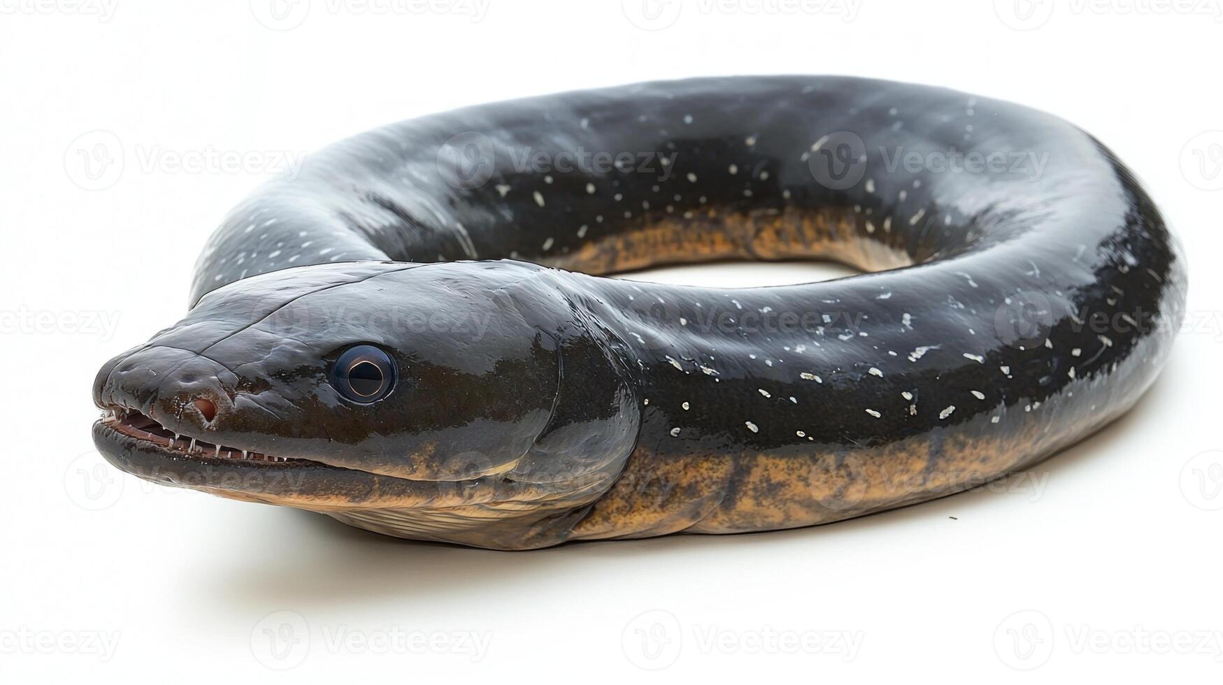 striking electric eel is presented on a clean white background highlighting its elongated body and distinctive coloration. The species is known for its ability to generate electricity. photo