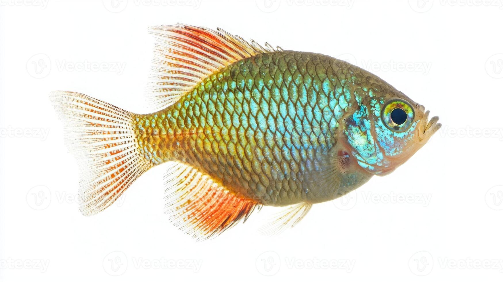 stunning Dwarf Gourami displays a spectrum of colors featuring iridescent scales and elegant fins. This freshwater fish stands out beautifully against the white backdrop. photo
