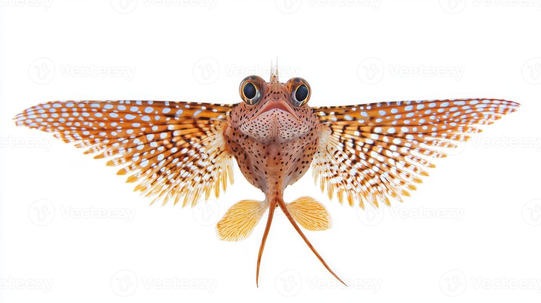 Flying Gurnard is seen exhibiting its stunning patterned fins and striking colors against a pristine white backdrop emphasizing its adaptability in aquatic environments. photo