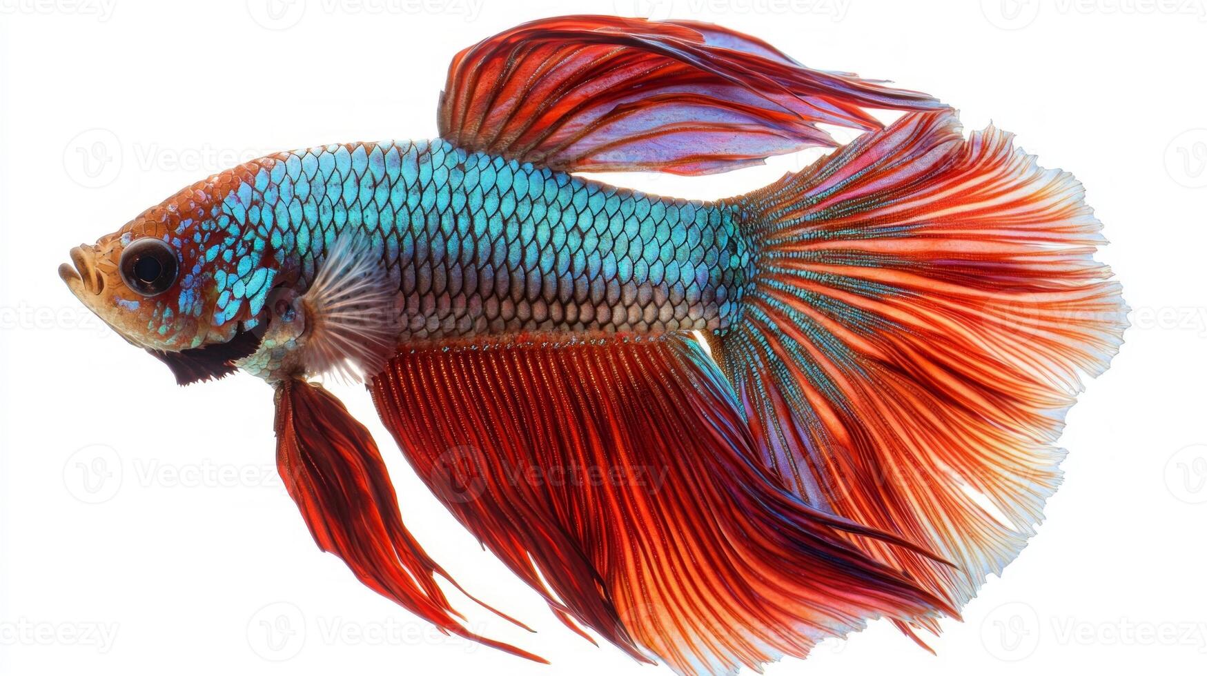 striking Siamese Fighting Fish displays its colorful scales and flowing fins swimming gracefully in isolation on a white backdrop emphasizing its beauty. photo