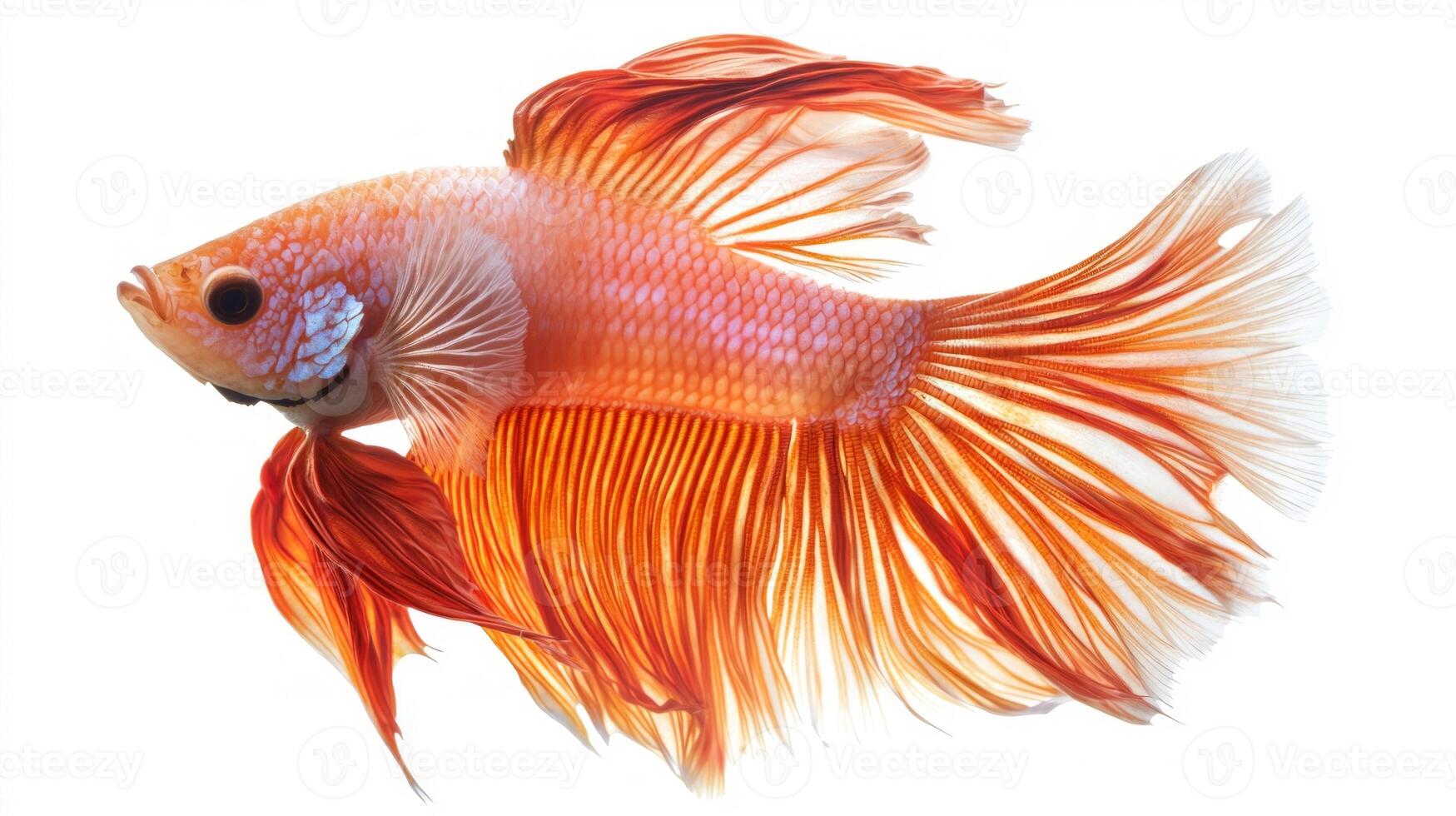 Siamese Fighting Fish displays a vivid orange and red coloration with long flowing fins elegantly extended against a clean white background illustrating its beauty and grace. photo