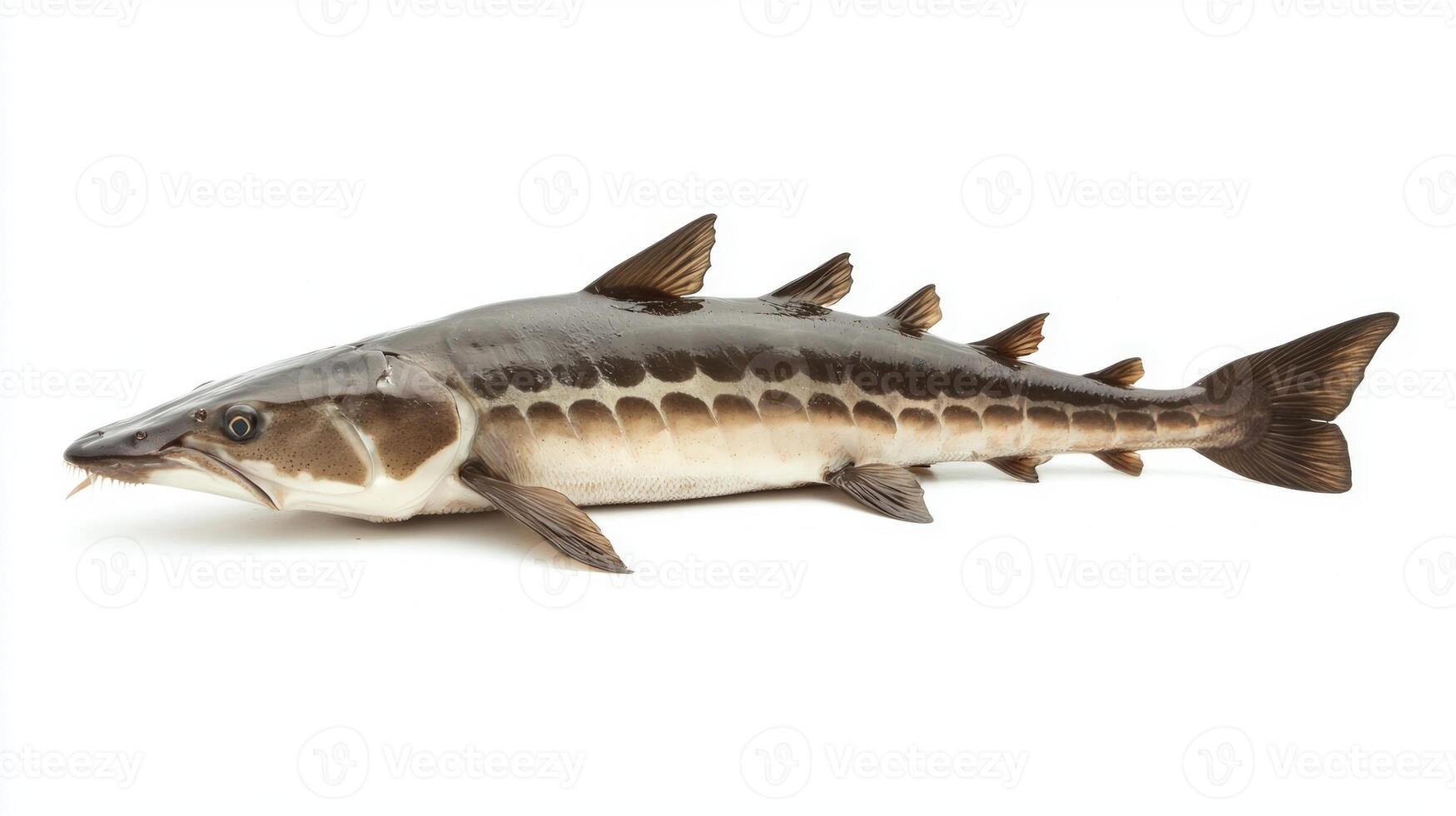 Atlantic Sturgeon exhibits its distinct body shape and patterns against a white background. The species plays an important role in aquatic ecosystems and conservation efforts. photo