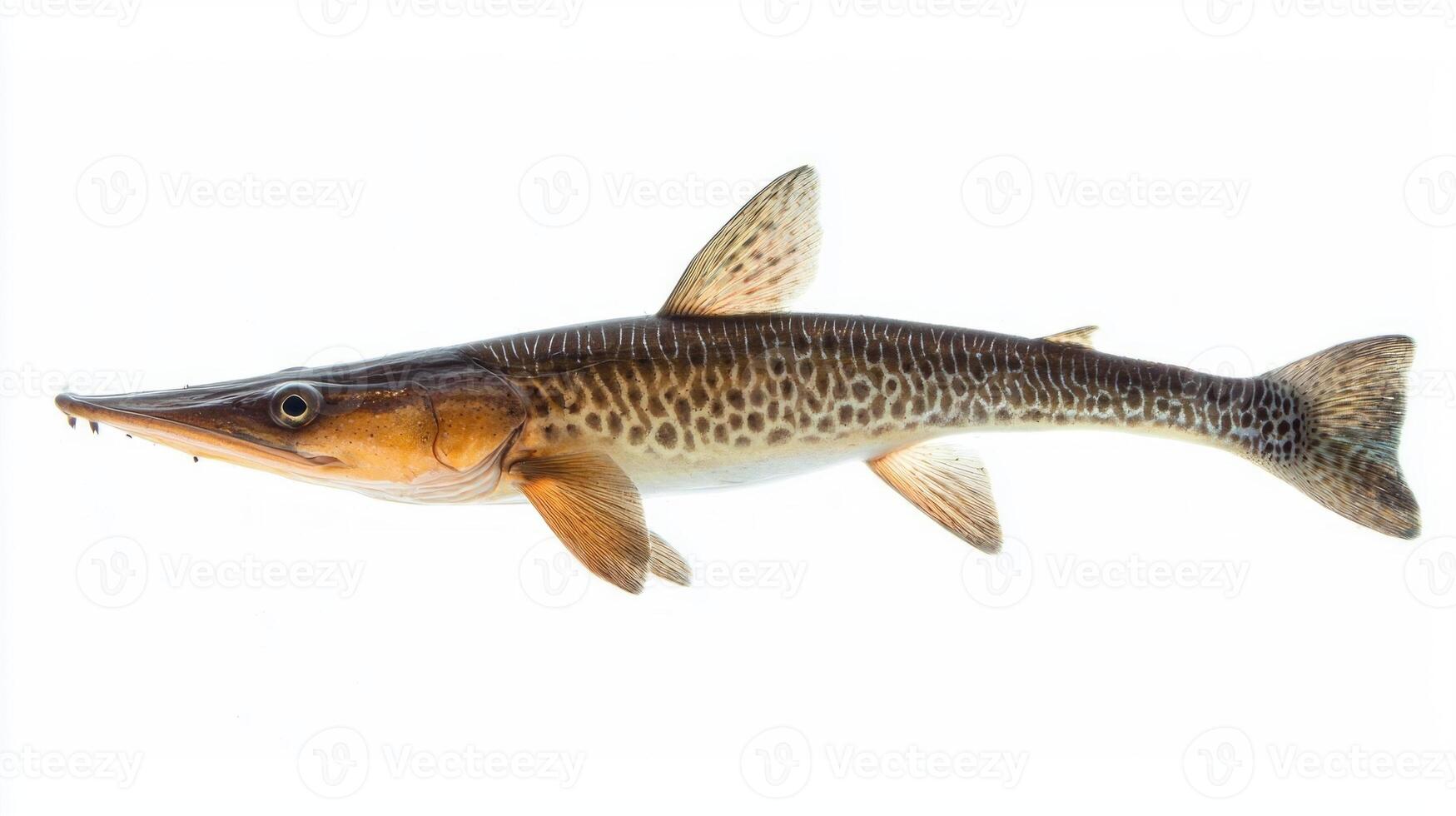 Longnose Gar known for its elongated snout and spotted body floats gracefully against a white backdrop highlighting its distinct scales and fin structure. photo