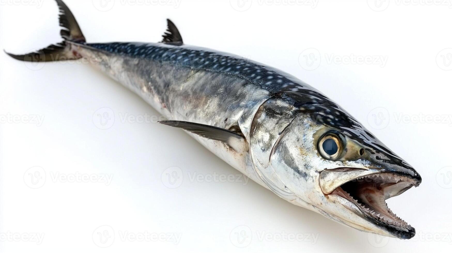 shot features a King Mackerel resting on a white background highlighting its elongated body and distinctive markings. The fish exemplifies a key species found in Atlantic waters. photo