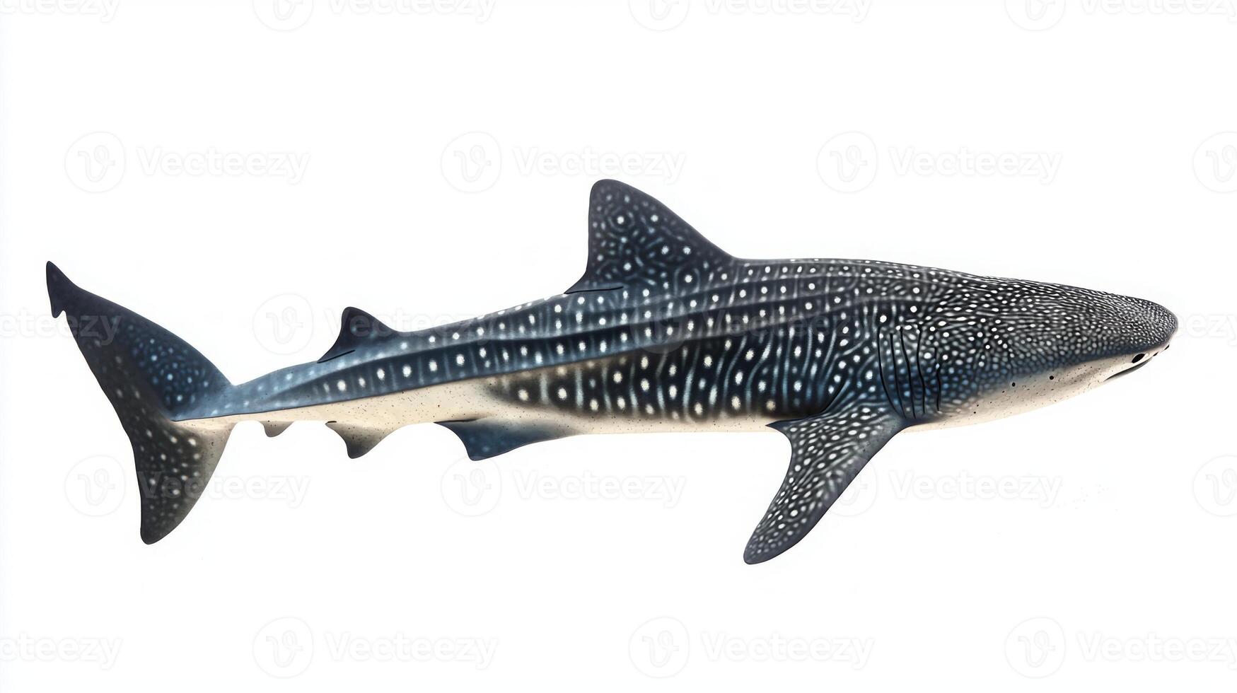 Whale Shark glides gracefully through the water showcasing its impressive size and unique spot patterns. The contrasting white background emphasizes its features. photo