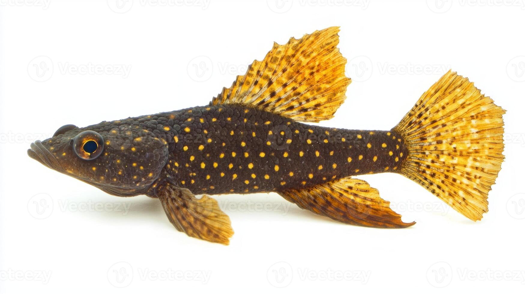 Bristlenose Pleco glides smoothly in its environment showcasing its unique body shape and beautiful coloration of dark and golden hues against a pure white backdrop. photo