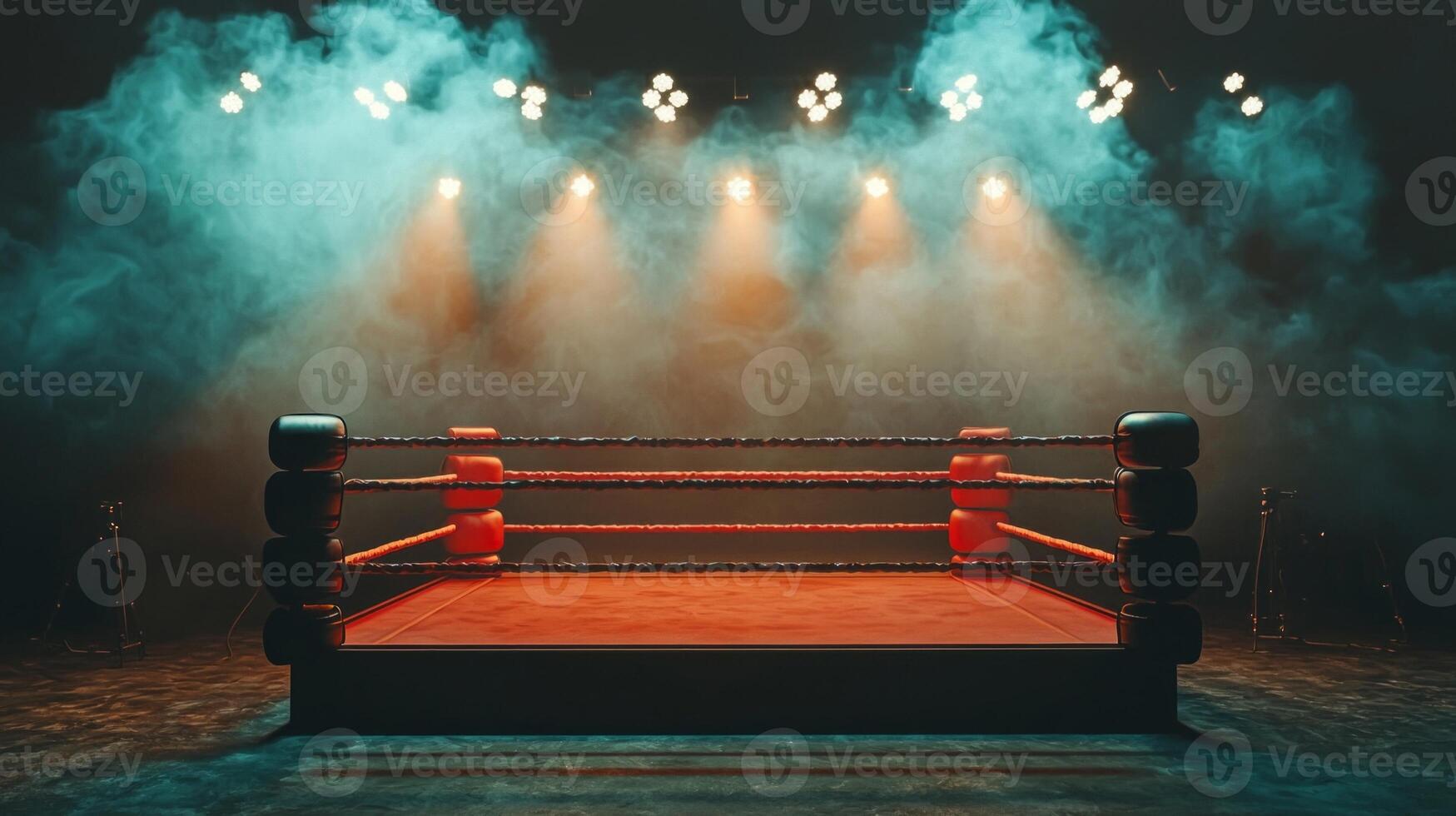 empty boxing ring awaits fighters with dim spotlights highlighting the thick smoke swirling around creating a tense and dramatic atmosphere perfect for a showdown. photo