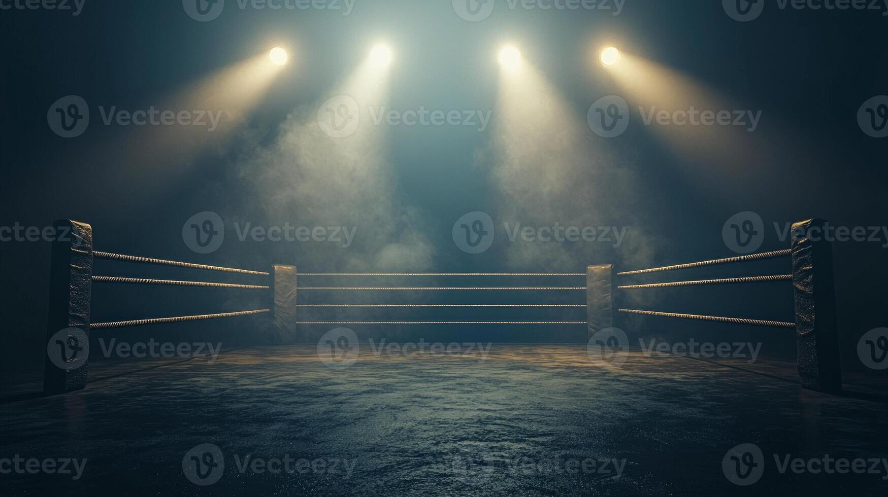 In a dimly lit boxing venue an empty ring awaits action as spotlights shine down through drifting smoke enhancing the dramatic electric feel of the setting. photo