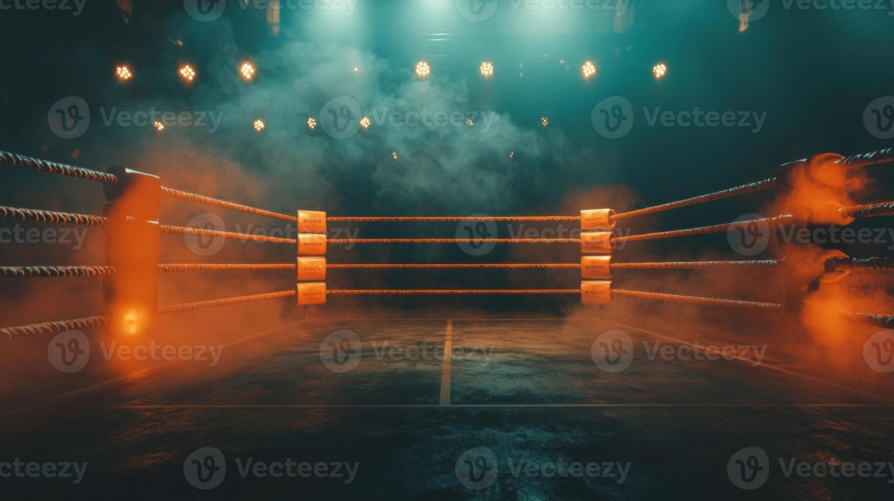 boxing ring glows under bright spotlights with smoke drifting across the mat. Shadows envelop the ropes creating an intense and dramatic Fight Night ambiance. photo