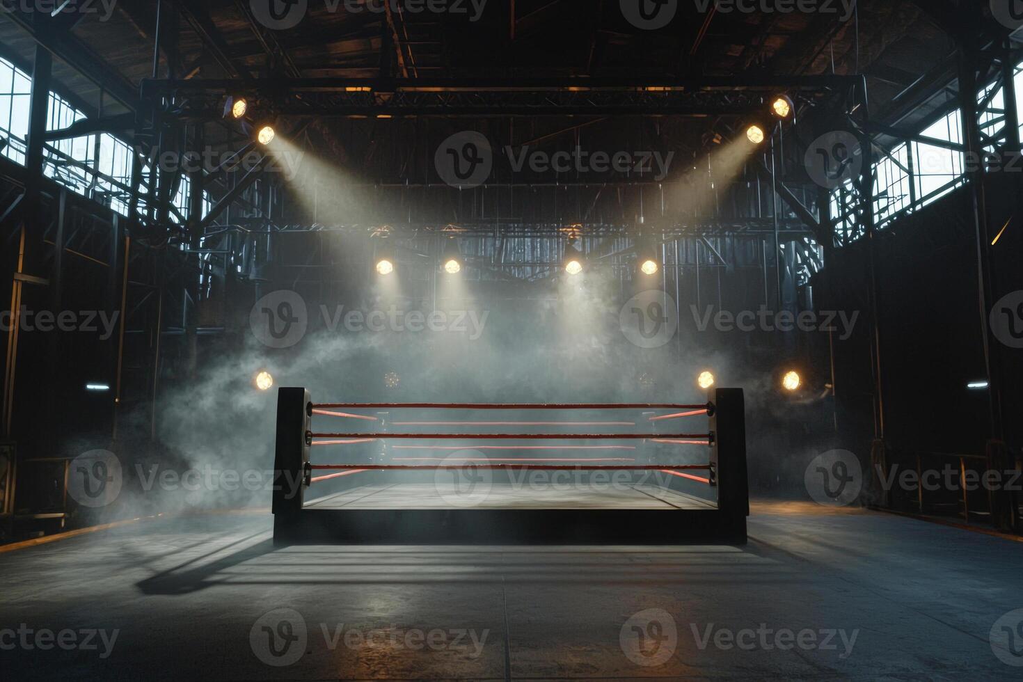 boxing ring stands illuminated by spotlights surrounded by swirling smoke. The low key lighting enhances the anticipation in the air setting an intense stage for the fight. photo