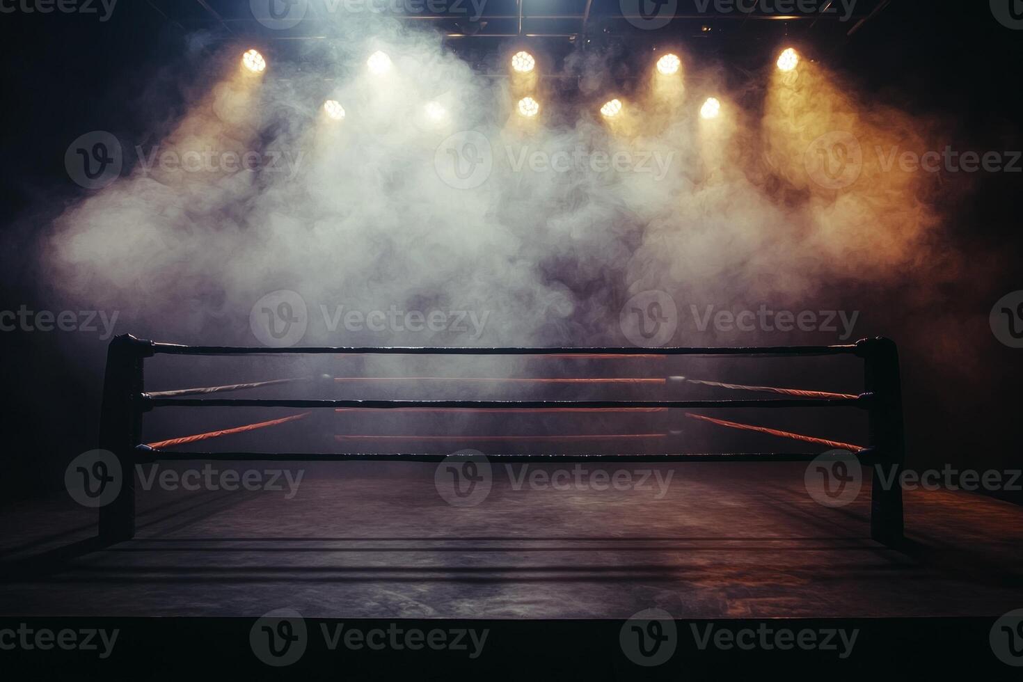 Fight Night boxing ring is set amidst a haze of smoke with soft lighting casting shadows on the mat and spotlights enhancing the electric atmosphere. photo