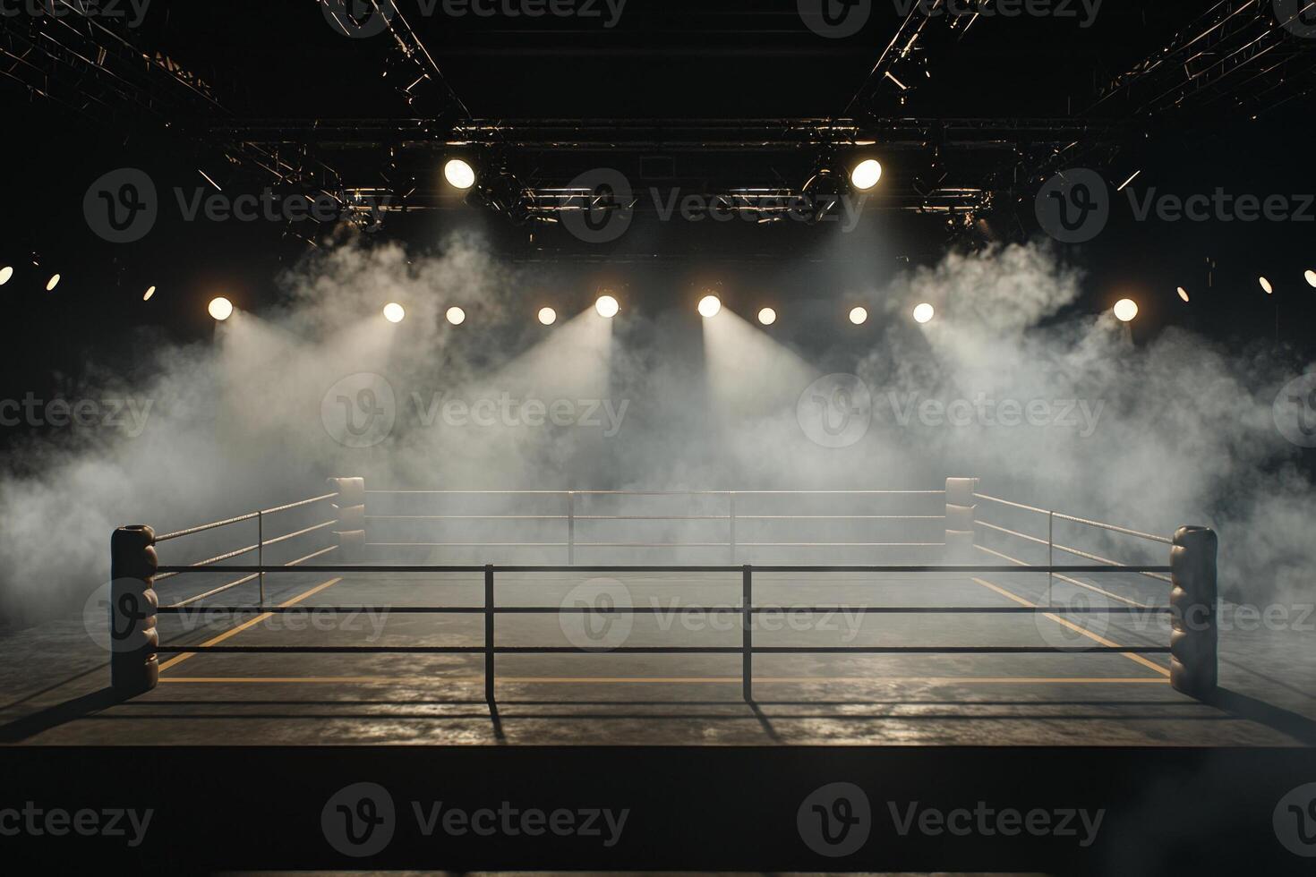 boxing ring stands illuminated in soft light surrounded by a haze. The glowing spotlights cut through the smoke creating an intense ambiance for an upcoming fight. photo