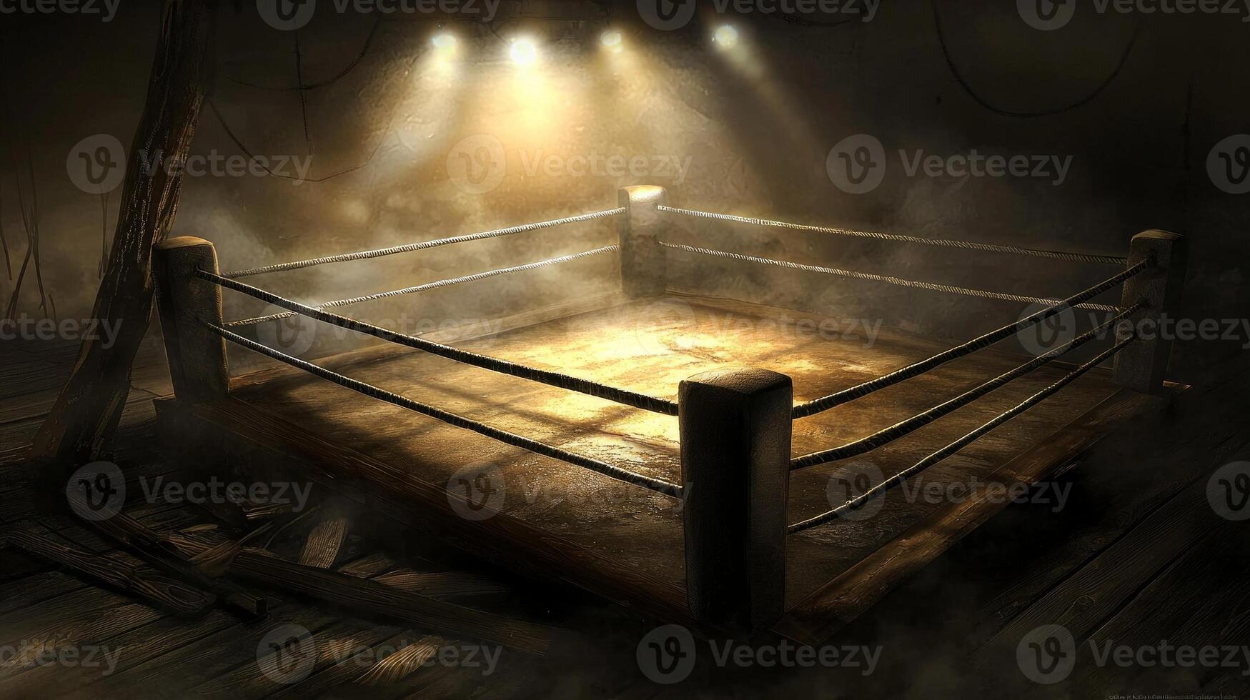 boxing ring sits under intense spotlights wrapped in smoke and shadows creating an electrifying tension ready for the next fight. photo
