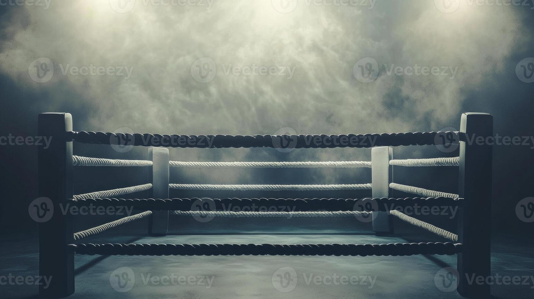 boxing ring stands ready for battle surrounded by swirling smoke and highlighted by spotlights that enhance the anticipation of the fight night. photo