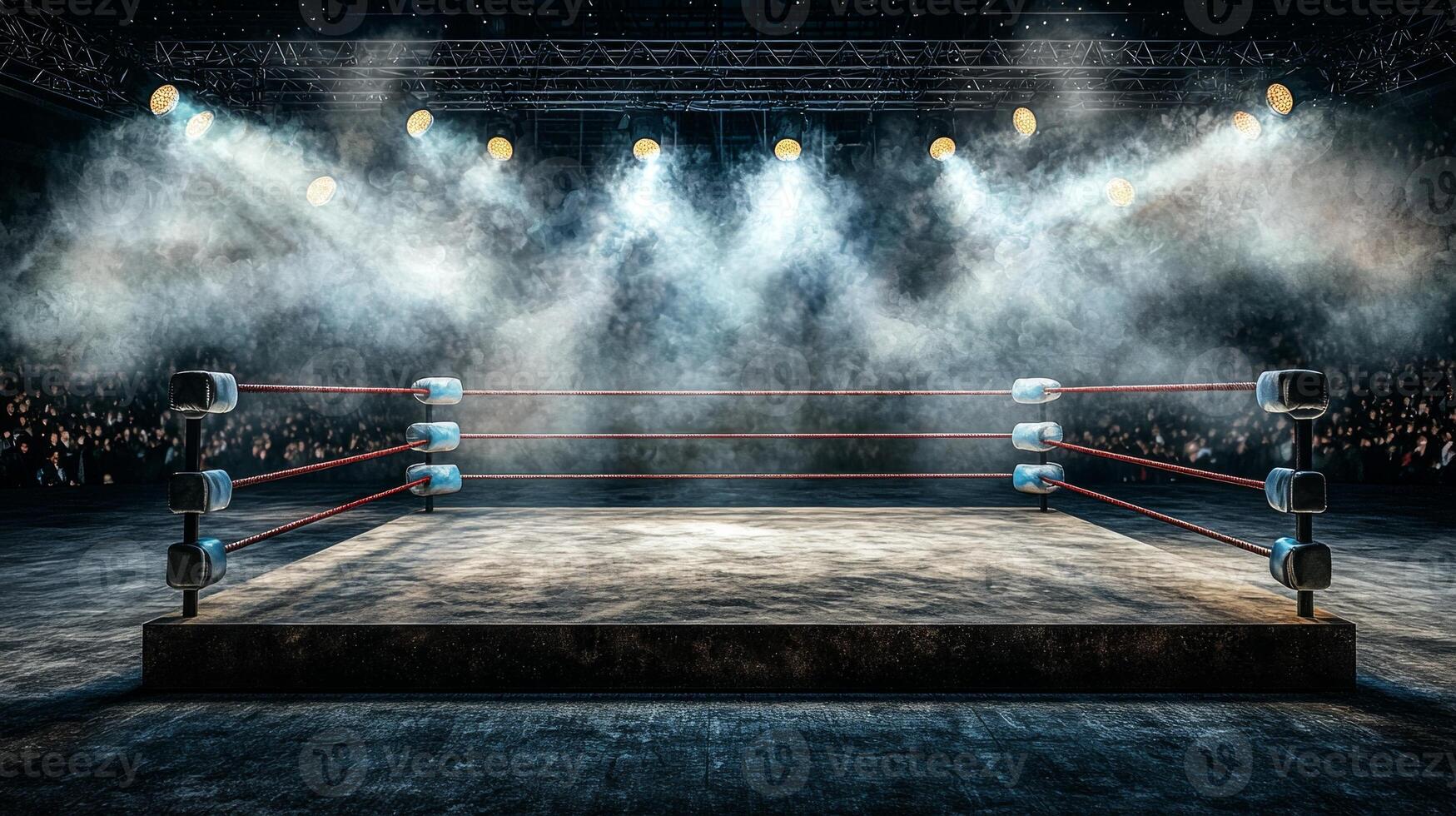 iconic boxing ring stands ready for action enveloped in smoke with dramatic lighting. The slightly worn ropes hint at fierce battles fought evoking excitement for upcoming matches. photo