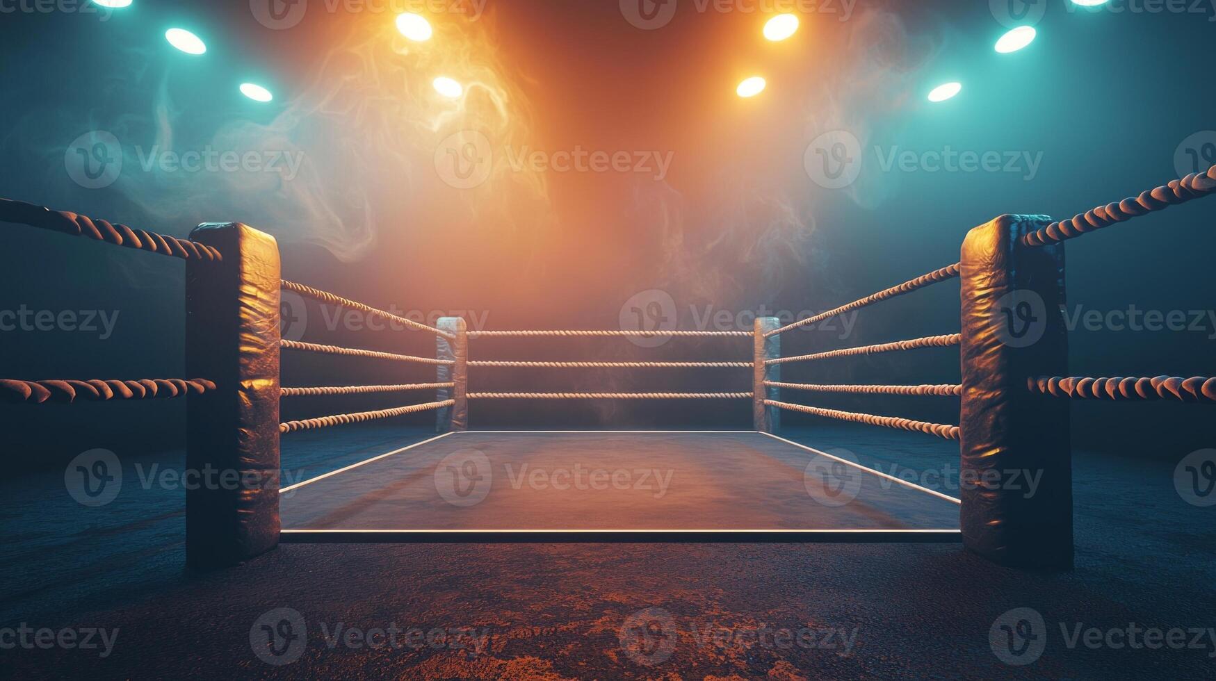 boxing ring stands ready for action surrounded by moody lighting and swirling smoke that heighten the anticipation of the upcoming fight photo