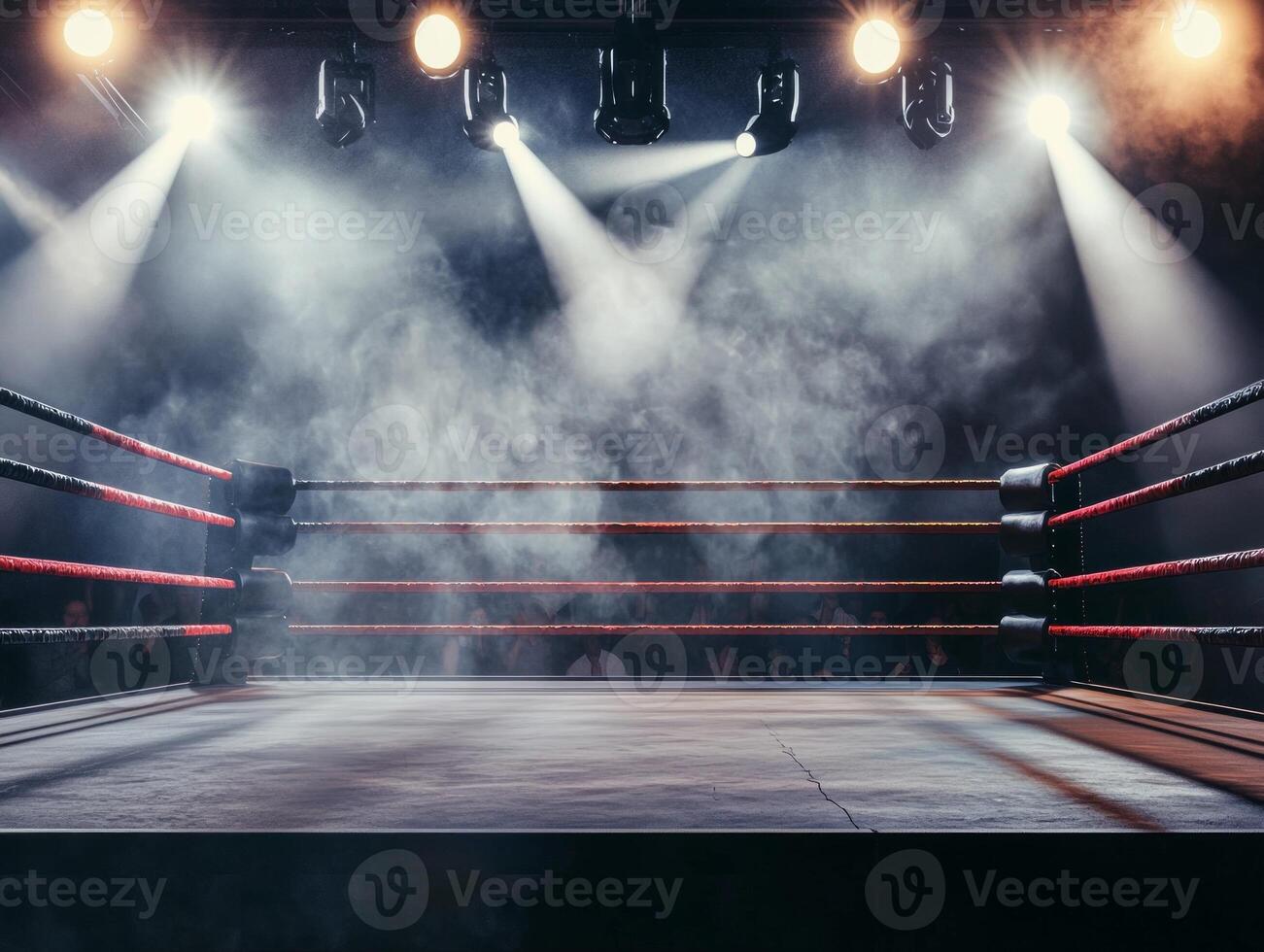 boxing ring is set for action surrounded by swirling smoke and enveloped in dramatic low key lighting creating an electrifying Fight Night mood for the audience. photo