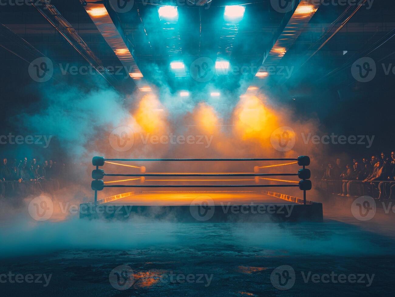 boxing ring sits under intense spotlights surrounded by swirling smoke as a darkened audience awaits the upcoming bout enhancing the electrifying atmosphere. photo