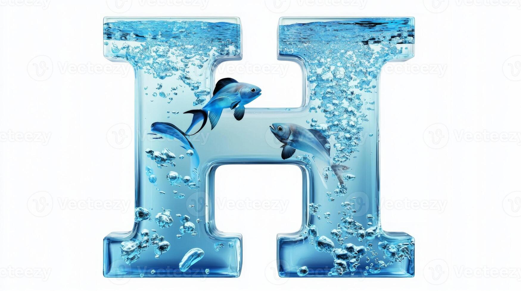 letter H showcases a realistic glass texture intricately filled with water and lively fish creating a captivating aquarium effect on a pristine white background. photo