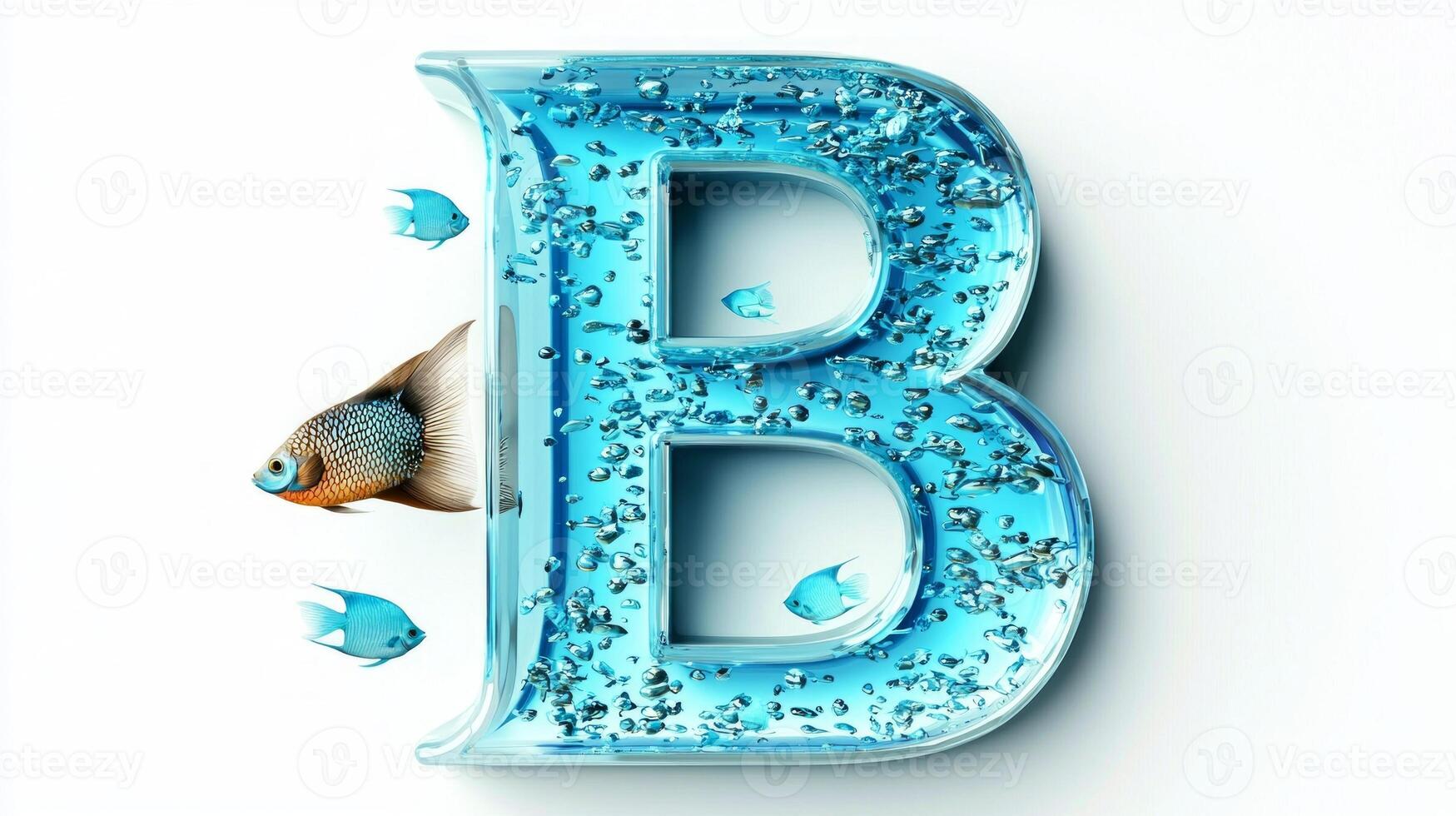 artistic rendition features the letter B, crafted from clear glass, filled with enchanting water and playful fish, set against a clean white background, inspiring joy and creativity. photo