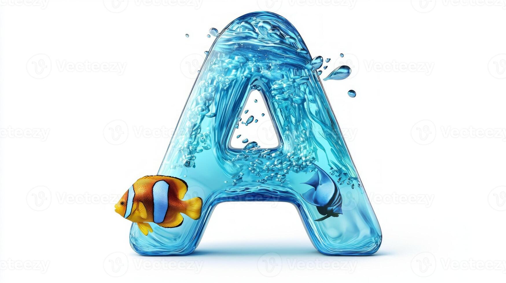 letter A is crafted from glass, displaying vibrant fish swimming in clear water, creating an enchanting aquarium effect against a white background. photo