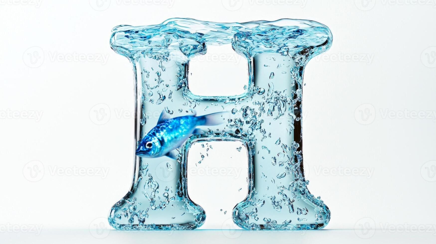 captivating letter H is crafted from transparent glass filled with water and adorned with lively fish. The refreshing aquatic design creates a unique and artistic representation of the alphabet. photo