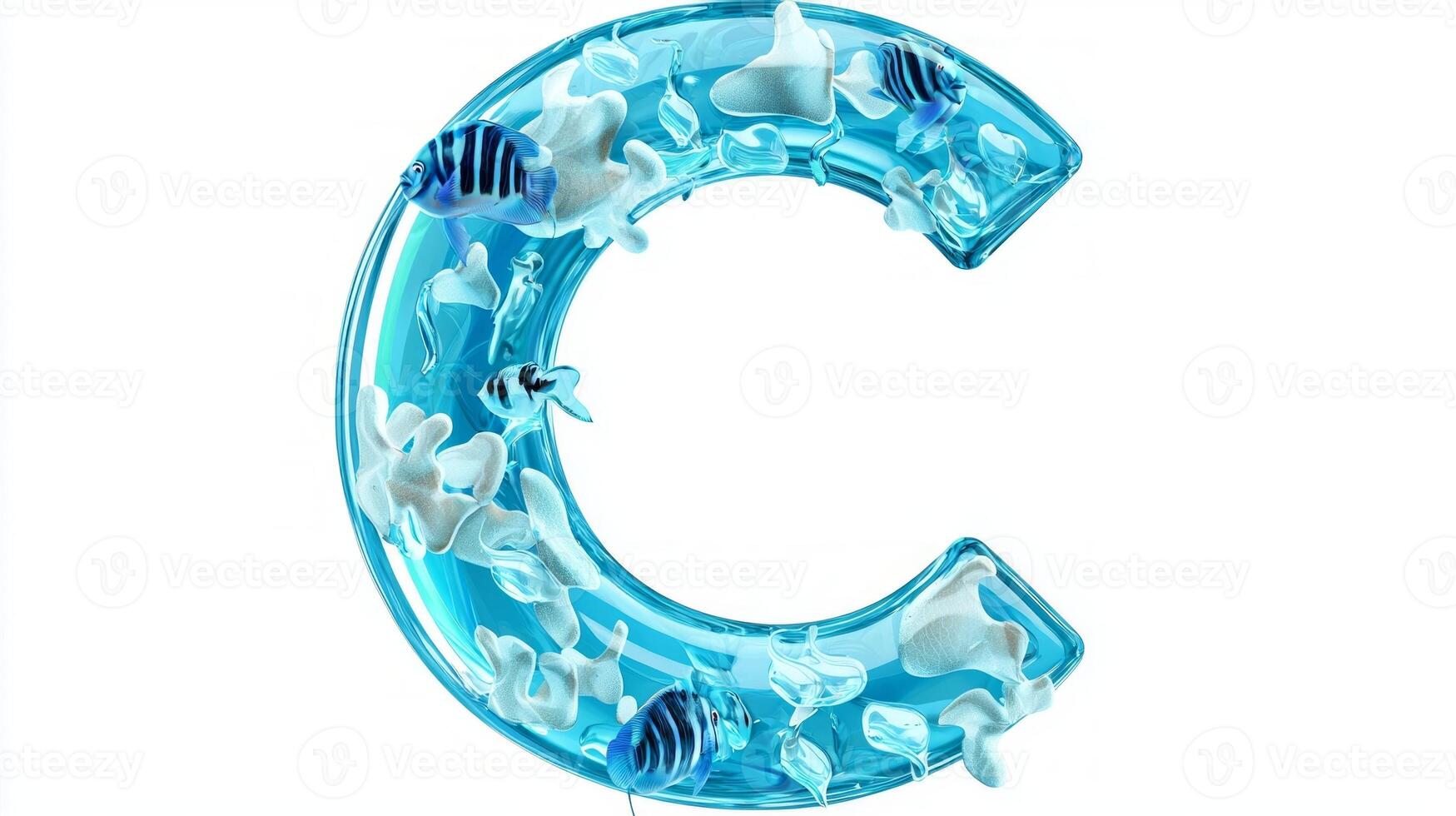 playful letter C showcases a whimsical underwater world with colorful fish and shells integrated into a sparkling glass design, evoking imagination and joy. photo