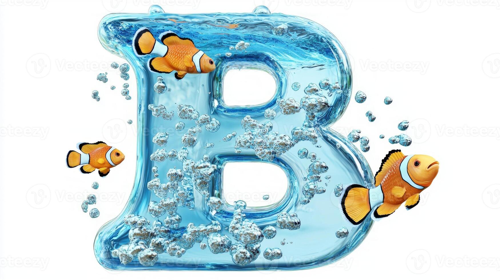 cartoon-style letter B crafted from clear glass showcases water and lively fish swimming inside. This artistic representation brings a sense of fun and freshness to any space. photo
