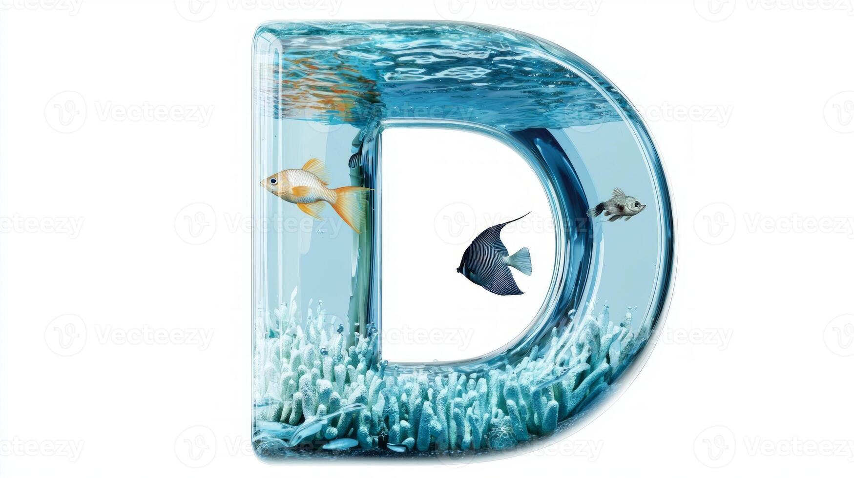 captivating glass letter D filled with water and colorful fish creates a whimsical aquarium effect, bringing a touch of aquatic charm against a clean white backdrop. photo