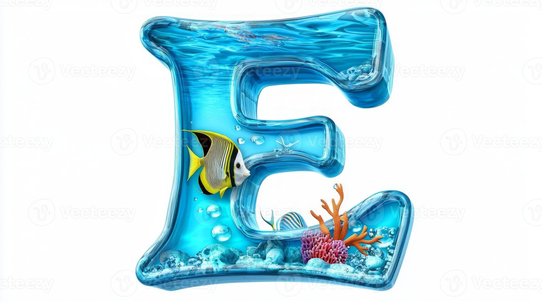 vibrant Letter E floats in a transparent glass texture, filled with clear water, playful fish, and lively coral, creating an enchanting aquarium look that dazzles. photo