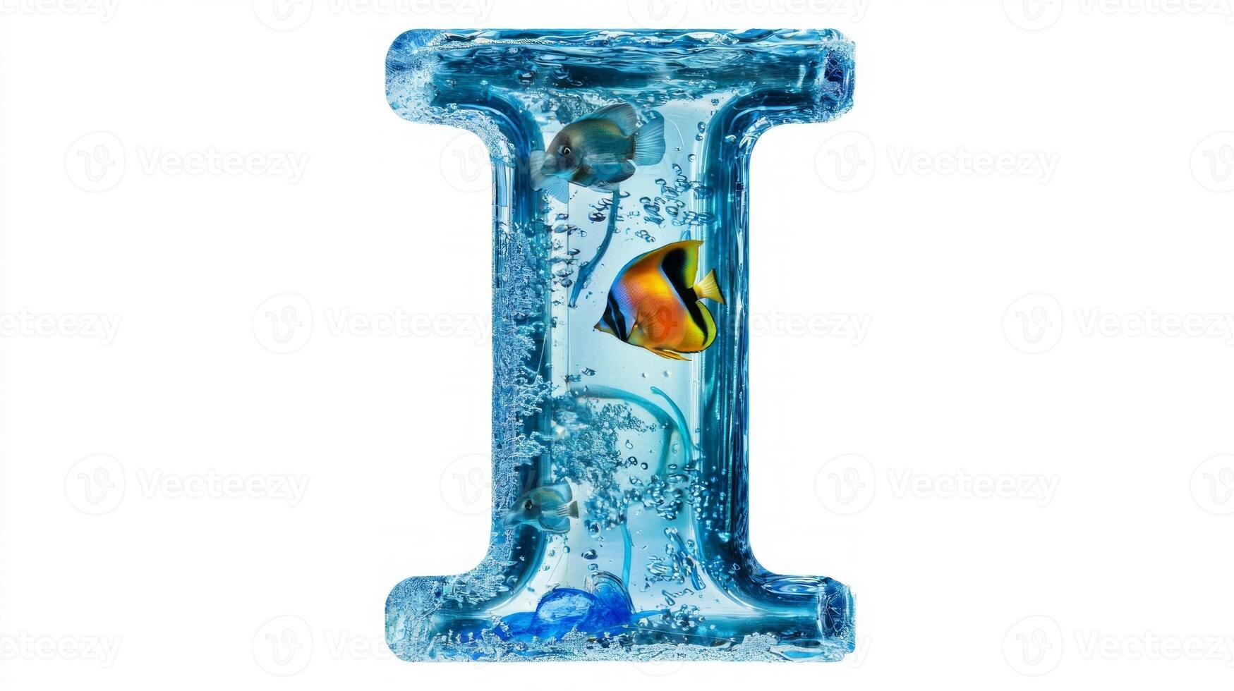 artistic glass letter I brimming with water creates a captivating aquarium environment showcasing colorful fish and shimmering bubbles. The clear design emphasizes the beauty of aquatic life. photo
