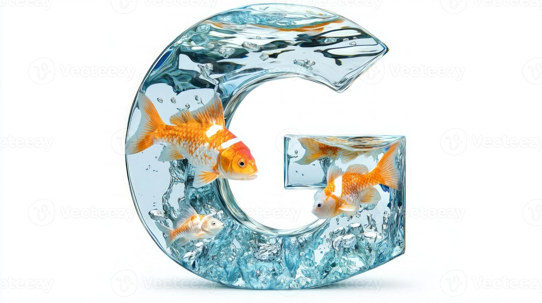 letter G, crafted from clear glass, showcases colorful fish swimming in water, creating an artistic and lively aquatic display perfect for visual storytelling. photo