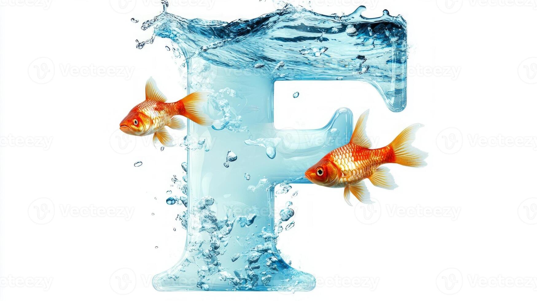 Crafted from transparent glass, the letter F holds shimmering water and lively fish, creating a captivating aquarium aesthetic. It's an artistic blend of nature and design. photo