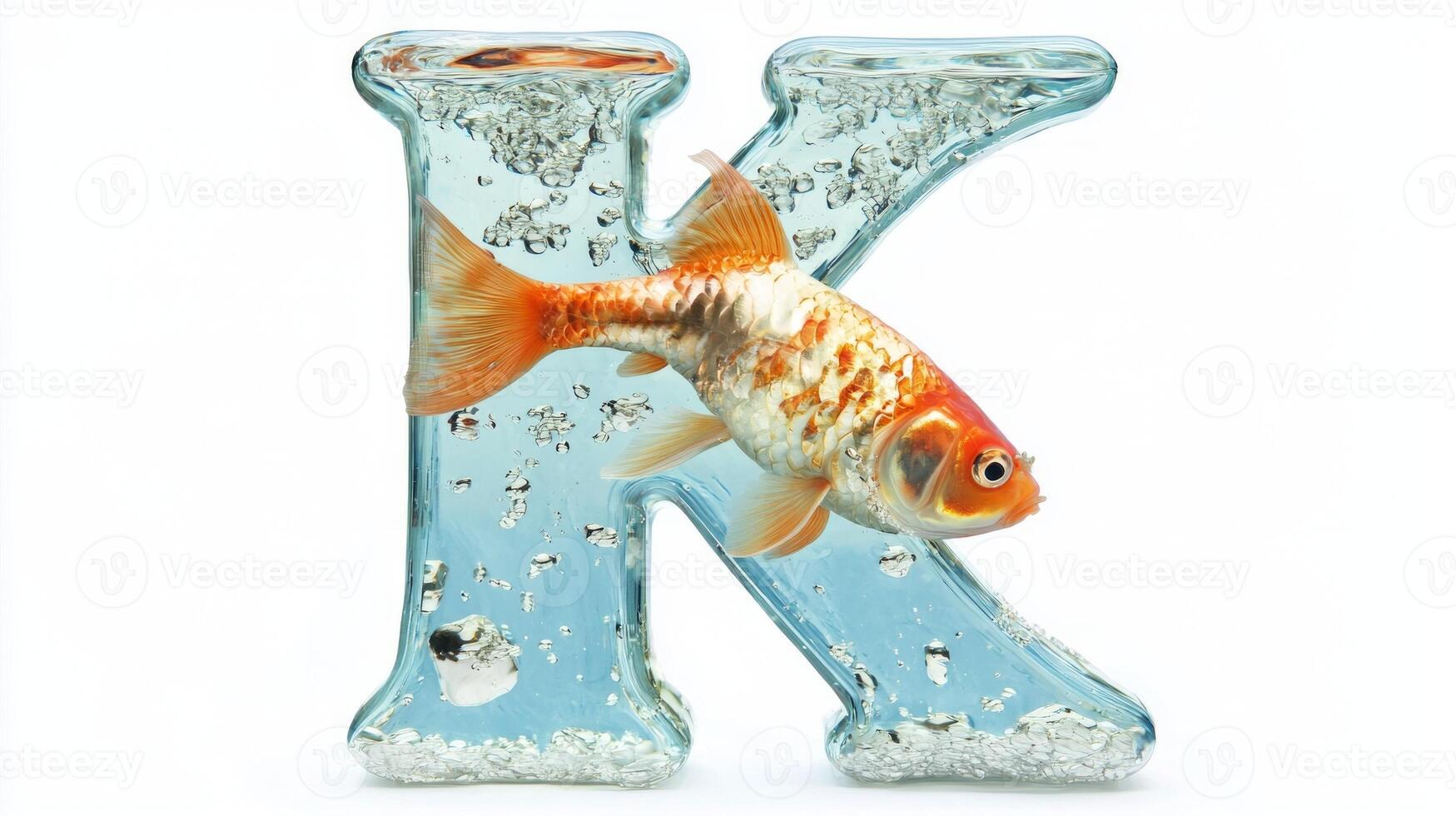 stunning depiction of the letter K in transparent glass filled with water and colorful fish, showcasing a playful aquatic habitat, creatively isolated on a white backdrop. photo