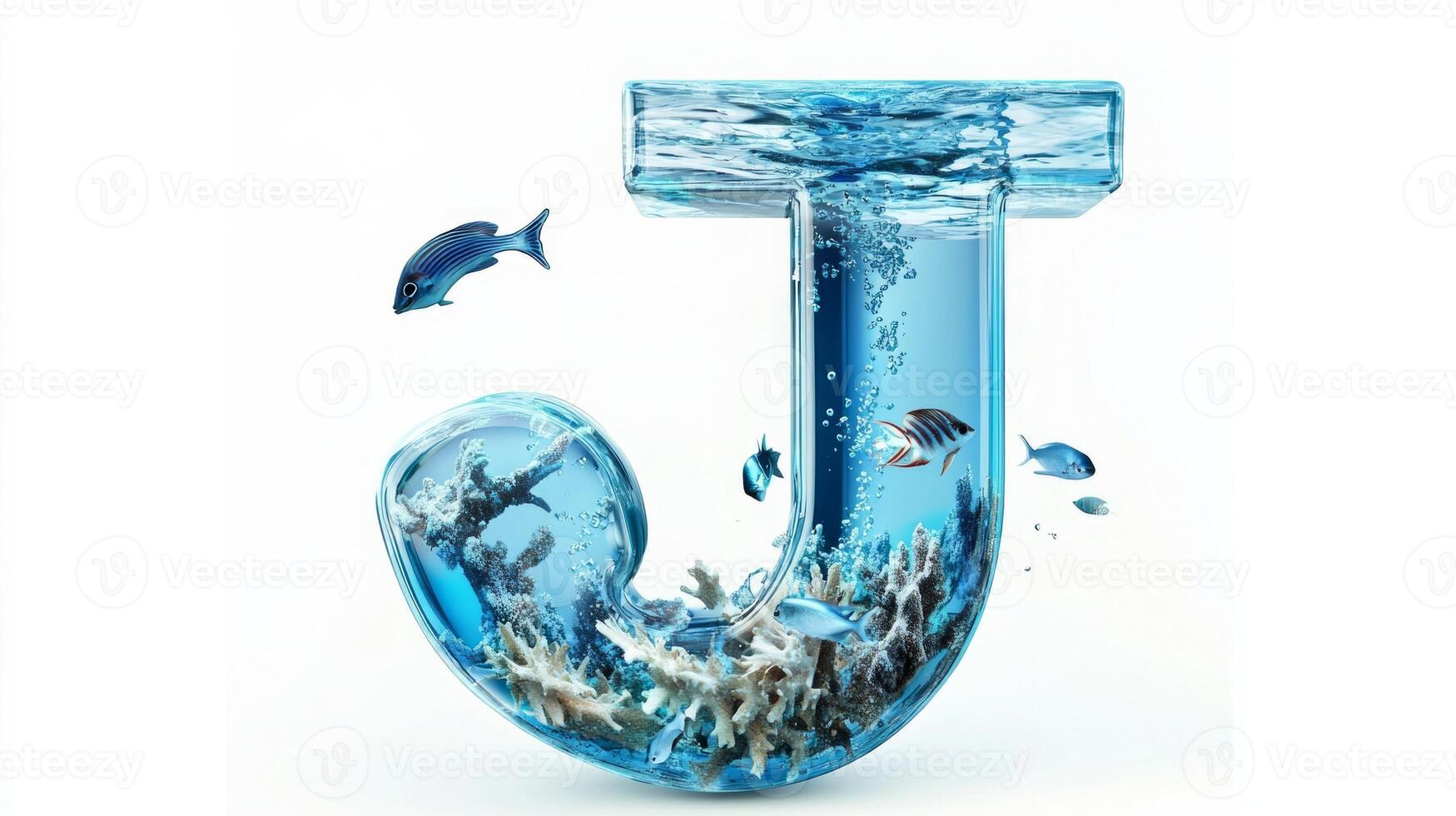beautifully crafted letter J features a realistic glass texture, showcasing an underwater world with lively fish swimming among coral. This creative design captivates with its artistic flair. photo