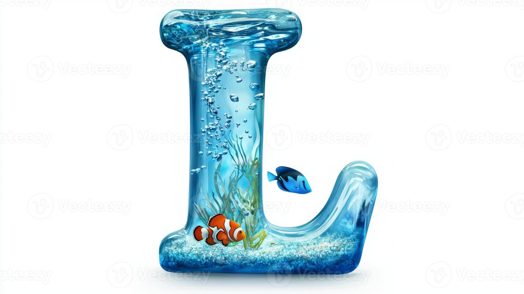 letter L, crafted in a striking glass texture, showcases a miniature aquarium bustling with colorful fish and aquatic plants, creating a captivating underwater scene. photo