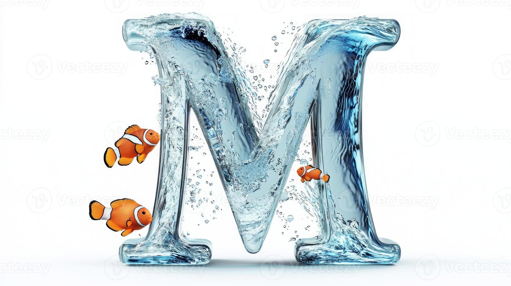 captivating glass letter M showcases a unique aquarium design, featuring colorful fish swimming amidst shimmering water. This artistic creation stands out beautifully against its white backdrop. photo