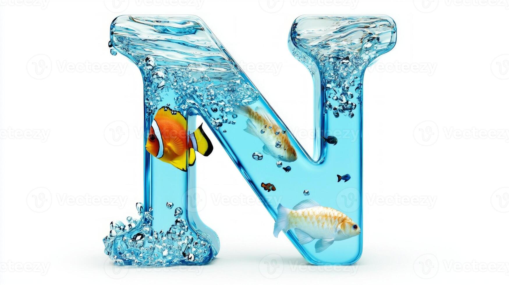 artistic representation captures the letter N, designed with a transparent glass texture, featuring lively fish and shimmering water, all set against a clean white backdrop. photo