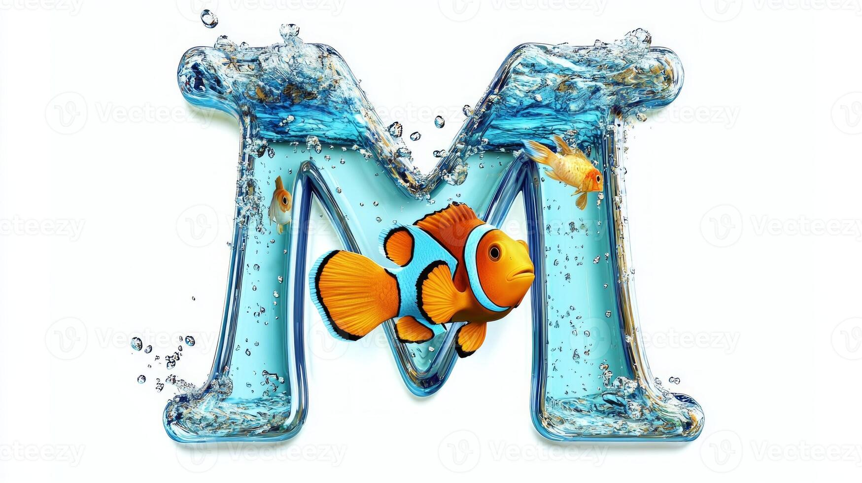 colorful letter M crafted from glass showcases water and lively fish swimming inside, creating a playful aquatic atmosphere against a white backdrop. photo
