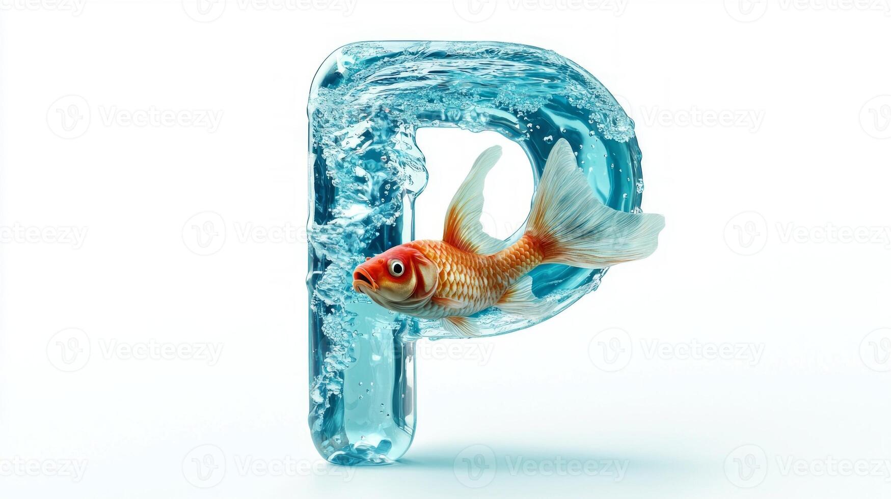 stunning glass letter P captures the essence of an aquarium, showcasing vibrant fish swimming within clear water, all set against a pristine white backdrop. photo