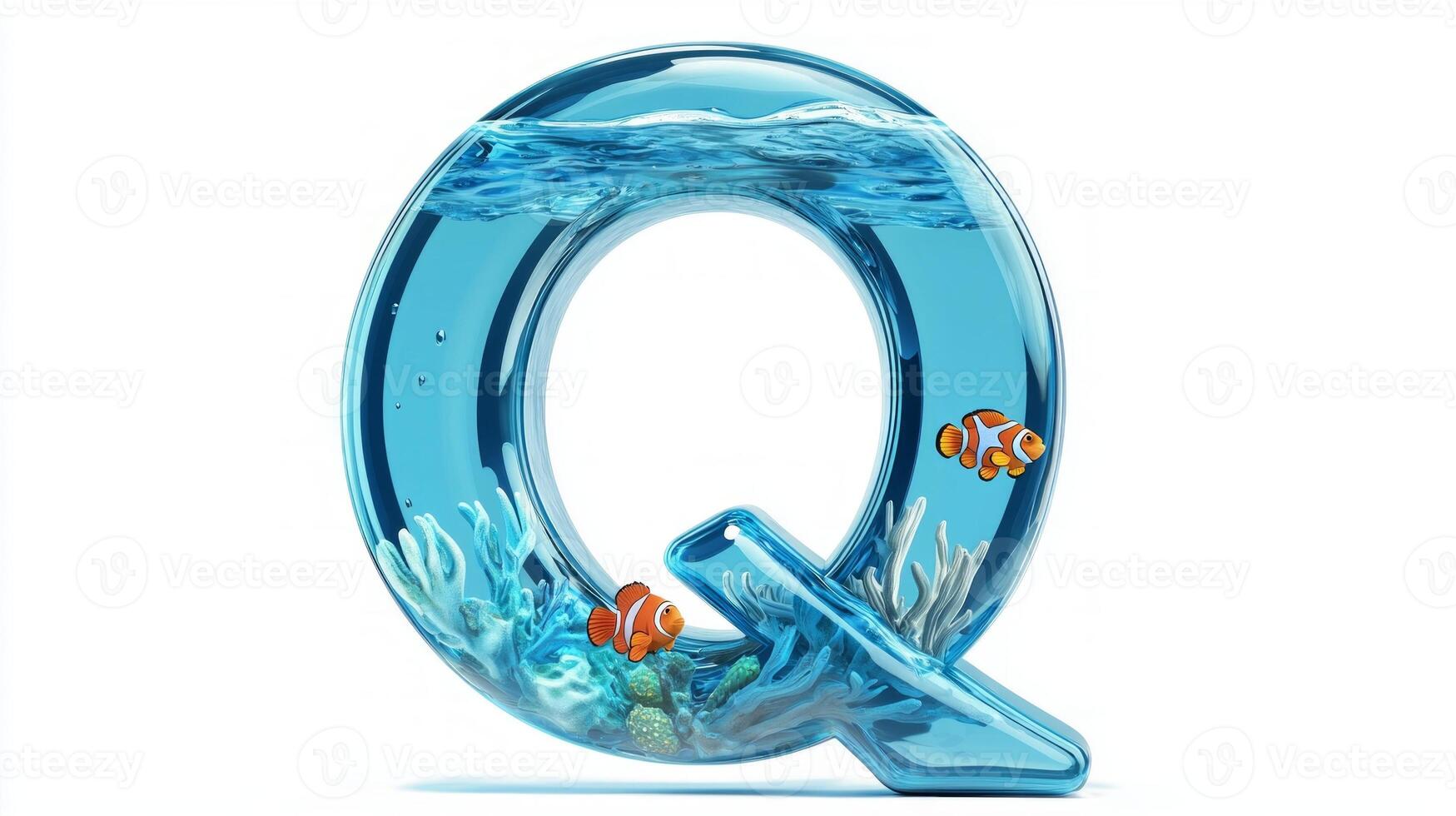 artistic representation of the letter Q features a stunning glass texture, filled with water and vibrant fish. The design creates a playful and imaginative aquascape. photo